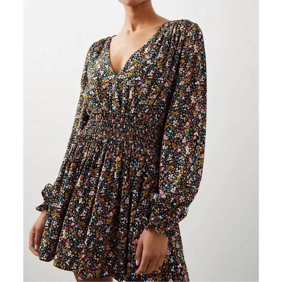 Rails Delaney Long Sleeve V-Neck Mini Dress in Dark Ditsy Floral Sz S - Picture 3 of 13